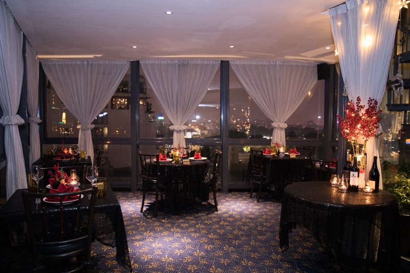 Restaurant atmosphere with comfortable seating and ambient lighting